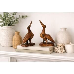 Vintage Hand Carved Wood Pelican Birds Set Mid Century Modern Boho Coastal Decor